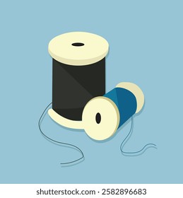 
Spools with black dan blue thread. Tools for sewing, tailoring,