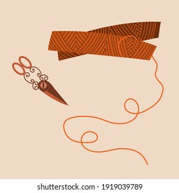 Spools of brown thread and scissors. Sewing accessories. Two skeins of thread. Vintage scissors.