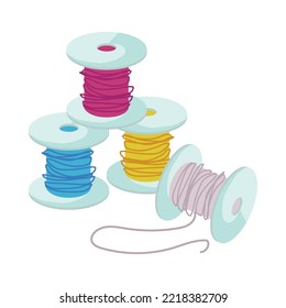 Spools and colorful threads vector illustration. Cartoon doodle of tool for needlework. Spools with threads isolated on white background. Fashion, embroidery concept