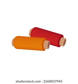 Spools of red and orange thread vector illustration. Cartoon drawing of materials for knitting or production of handmade clothes isolated on white background. Knitwork, hobby, handicraft concept