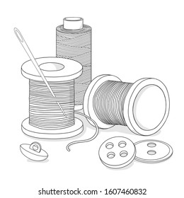 Spools of thread, buttons, and a sewing needle. Needlework and handmade themes. Monochrome vector illustration in sketch style. Black outline on white background.