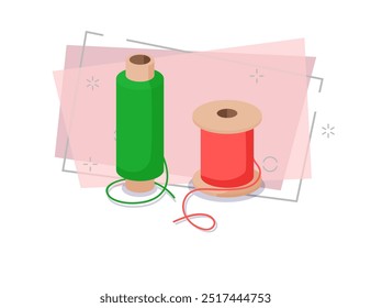 Carretéis de ilustração de thread. Verde, vermelho, redondo. Conceito de agulha. A ilustração vetorial pode ser usada para tópicos como casa, oficina