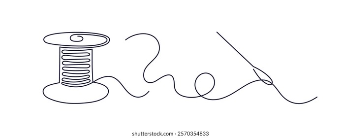 Spools of thread, needle. Continuous vector one line. Graphic editable contour. Symbol for atelier and fashion design concept. Doodle minimal illustration