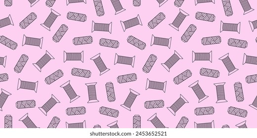 Spools of thread. Pattern handicraft, hobby. Drawings, doodle icons. Vector seamless background.