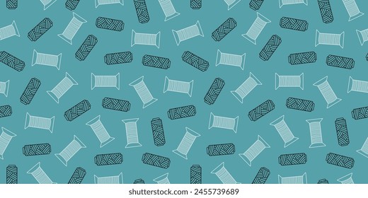 Spools of thread. Pattern handicraft, hobby. Drawings, doodle icons. Vector seamless background.