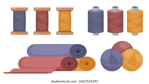 Spools of thread, rolls of fabrics for sewing and knitting. Natural woolen weave cloth. Wool thread, clew yarn. Vector