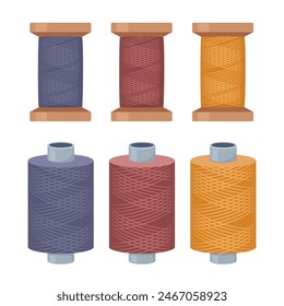 Spools of thread, set. Equipment for Dressmakers. Tailors accessories, supplies to sew cloth. Vector