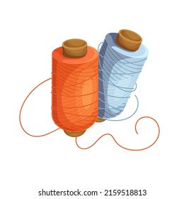 Spools of threads flat color vector objects isolated. Material used at sewing cartoon style illustration