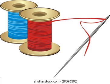 Spools with threads and needle. Vector