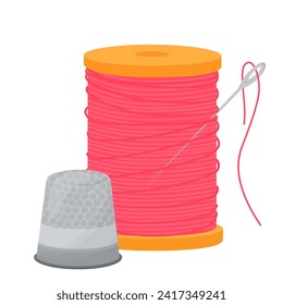 Spools of threads. thimble. Vector stock illustration. Material used at sewing.  Isolated on a white background.