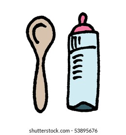 Spoon and baby bottle sketch. Vector