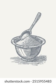Spoon in a Bowl of Sugar. Vintage woodcut engraving style vector illustration.