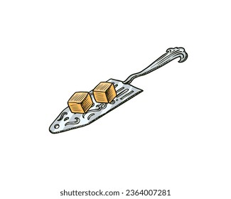 Spoon with cane sugar cubes for absinthe or tea. Label for retro poster. Engraved hand drawn vintage sketch. Woodcut style