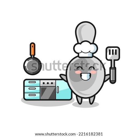 spoon character illustration as a chef is cooking , cute design