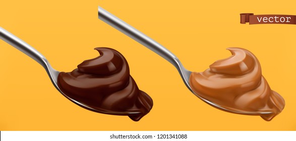 Spoon with chocolate and caramel. 3d vector realistic icon