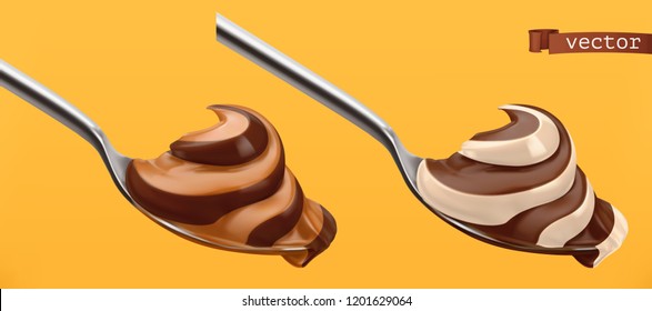 Spoon with chocolate and caramel. 3d vector realistic icon