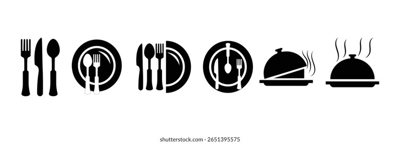 Spoon, cloche, Fork, Knife and Plate Icon Collection – Tableware Symbols for Cafes, Food Services and Restaurant Branding. vector.
