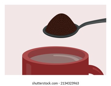 A spoon of coffee over a cup. Simple flat illustration