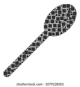 Spoon collage icon of squares and round items in variable sizes. Vector items are scattered into spoon illustration design concept.