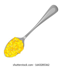 Spoon with corn on white background. Object for packaging, advertisements, menu. Isolated on white. Vector illustration. Cartoon.