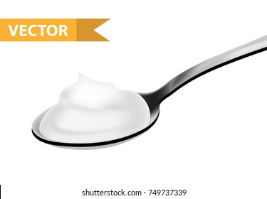 Spoon cream, yogurt, sour-cream, 3d realist style. Teaspoon, tablespoon. Isolated on white background. Vector illustration