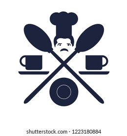 Spoon, cup and cook in hat restaurant icons. Emblem cafe and restaurant.