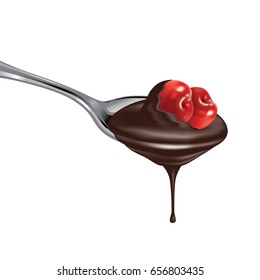Spoon of dark chocolate with cherries