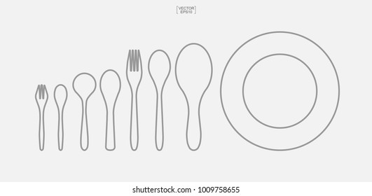 Spoon, dish and fork icon. Set of kitchenware sign and symbol. Vector illustration.