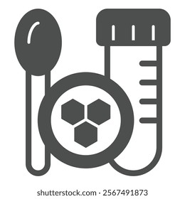 Spoon and DNA sample flask solid icon, genetic research concept. Vector graphics. DNA chain cells test tube sign on white background, glyph style icon for mobile or web design