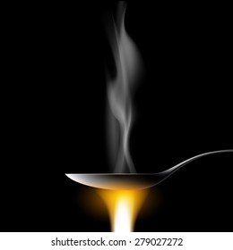 Spoon with a drug on a black background. Vector Image.