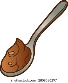 SPOON WITH DULCE DE LECHE OR CHOCOLATE CREAM VECTOR ILLUSTRATION. CARTOON STYLE METAL SPOON WITH CREAMY HAZELNUT SPREAD, CARAMEL TOPPING OR BAKERY INGREDIENT ISOLATED