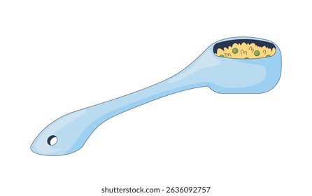 Spoon filled with cooked rice and peas 2D cartoon object. Ceramic ladle with meal portion. Dining tool. Kitchen scoop. Tablespoon isolated element flat vector clip art on white. Spot illustration