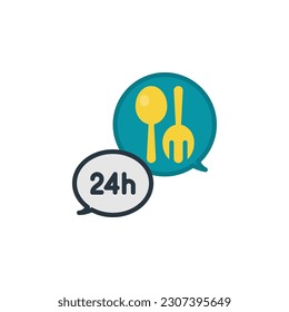 Spoon, fork with 24hours symbol flat icons. Vector illustration. Isolated icon suitable for web, infographics, interface and apps.