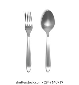 Spoon and fork 3D vector illustration. Isolated realistic set of silver or metal tableware on white background