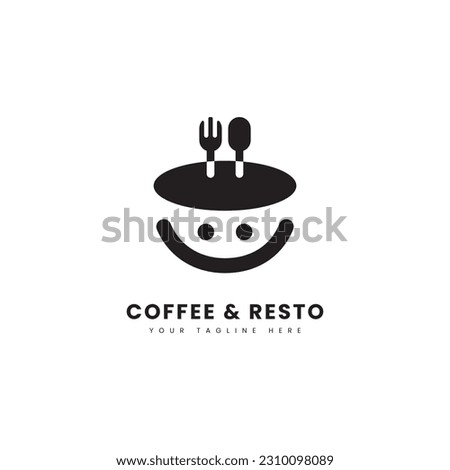 Spoon and fork attached to coffee cup, for coffee restaurant logo.