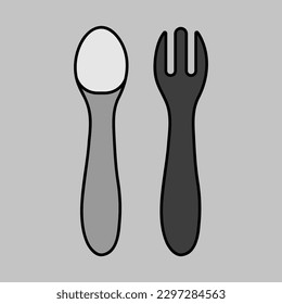Spoon and fork for baby isolated vector grayscale icon. Graph symbol for children and newborn babies web site and apps design, logo, app, UI