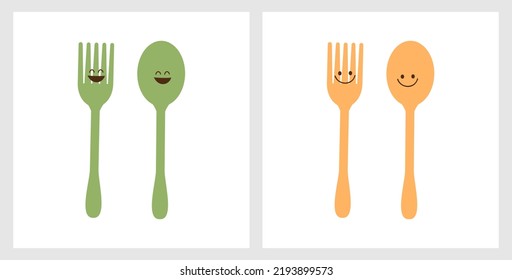Caricaturas de cuchara y tenedor aisladas en ilustración vectorial de fondo blanco.