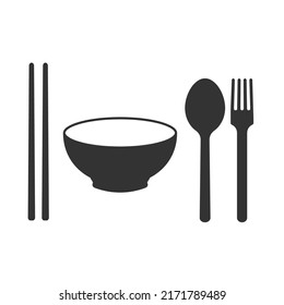 Spoon, fork, chopsticks and bowl icon isolated. Vector illustration