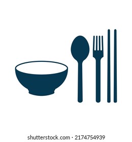 Spoon, fork, chopsticks and bowl icon isolated. Vector illustration