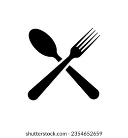 Spoon and fork crosswise black silhouette icon. Kitchen appliances. Vector illustration flat design. Isolated on white background.
