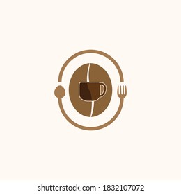 ein Löffel und eine Gabel und eine Tasse mit braunem Kaffeehintergrund für ein Coffee-Shop-Logo