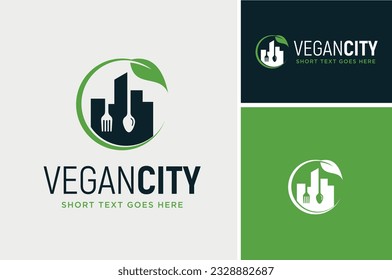Spoon Fork Cutlery Flatware with City Building Silhouette Skyline and Leaf for Urban Vegan Healthy Food Meal Dish Restaurant logo design