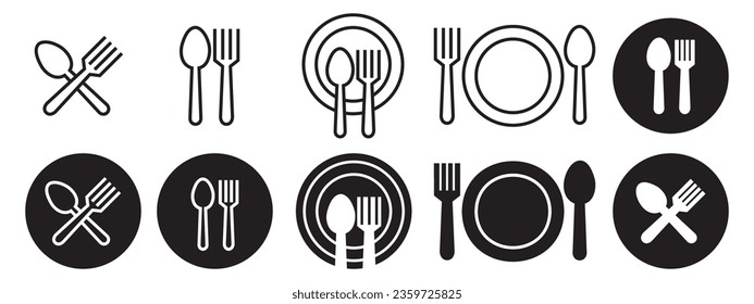 Spoon fork cutlery icon. Kitchen dining utensil symbol. Food eating silverware tool vector. Culinary plate with tableware equipment sign.
