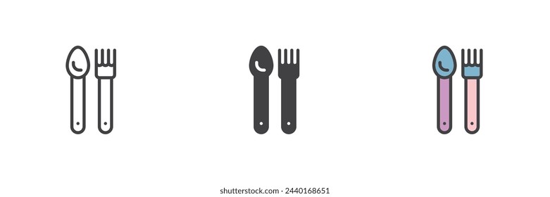 Spoon and fork different style icon set. Line, glyph and filled outline colorful version, outline and filled vector sign. Symbol, logo illustration. Vector graphics