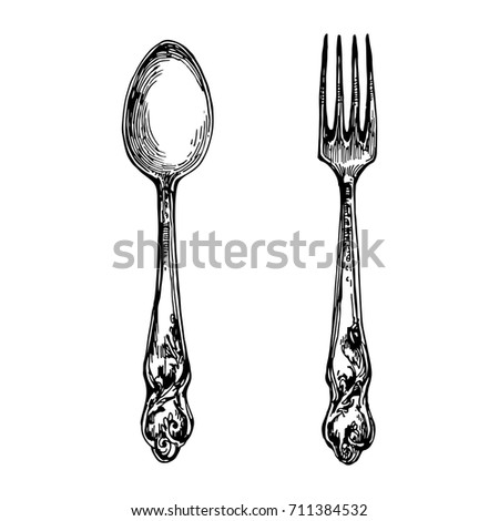spoon and fork engraving ink hand drawn line art vector sketch stock illustration