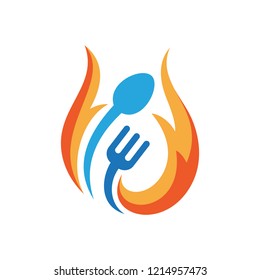Spoon Fork With Fire Logo Design For Grill Barbecue/Spicy Food Restaurant Business