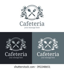 Spoon and fork with floral decorated plate. Logo template. Vector illustration.