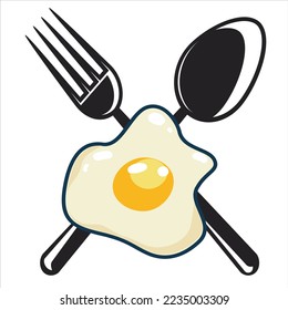 spoon, fork and fried eggs, restaurant icon simple flat vector on white background