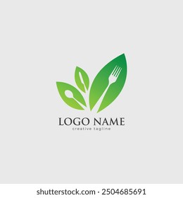 Spoon and fork, green logo leaf with fork and spoon symbol, organic icon illustration free logo design template, logo icons, leaf icons, template icons fully editable vector template