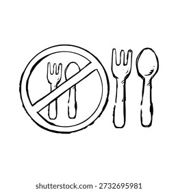 Cuchara y tenedor dibujado a mano doodle ilustración. Esbozo simple de cubiertos para el iftar, la cena y el concepto de comida del Ramadán. Elemento de utensilio de cocina artesanal aislado.
